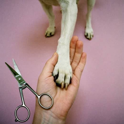 A dog's paw held gently beside a pair of nail clippers
